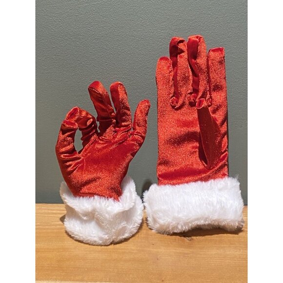 Red Fur Gloves - Red Velvet-like Gloves with White Furry Cuff Christmas Cosplay - Picture 1 of 10